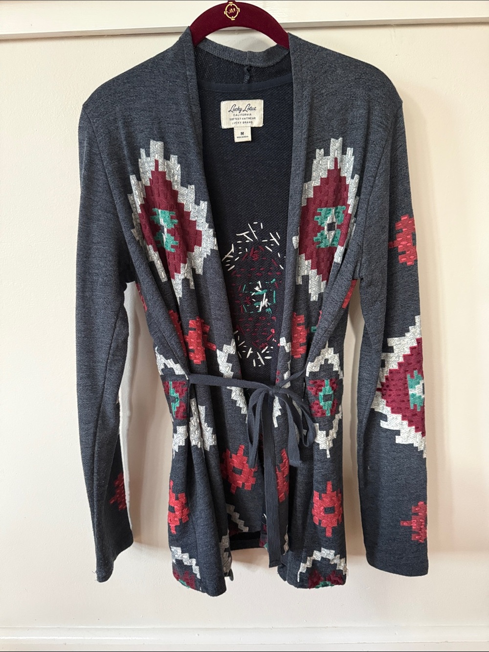 Lucky Brand Charcoal Aztec Open Cardigan with Belt